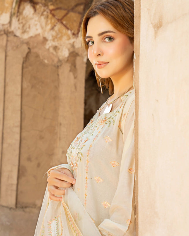 Fancy Embroidered Self Jaquard Lawn + Organza Dupatta - Mah e Rooh (Floral Atelier)