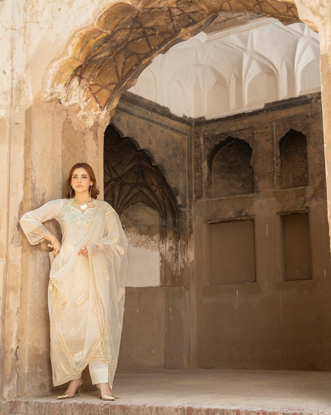 Fancy Embroidered Self Jaquard Lawn + Organza Dupatta - Mah e Rooh (Floral Atelier)