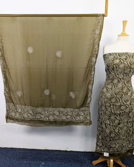 Fancy Handmade Full Jaal Chikankari Work Crinkle Chiffon Shirt Dupatta 2Pc Unstitched