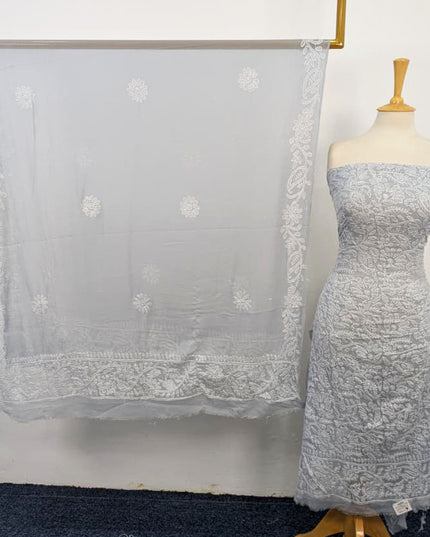 Fancy Handmade Full Jaal Chikankari Work Crinkle Chiffon Shirt Dupatta 2Pc Unstitched