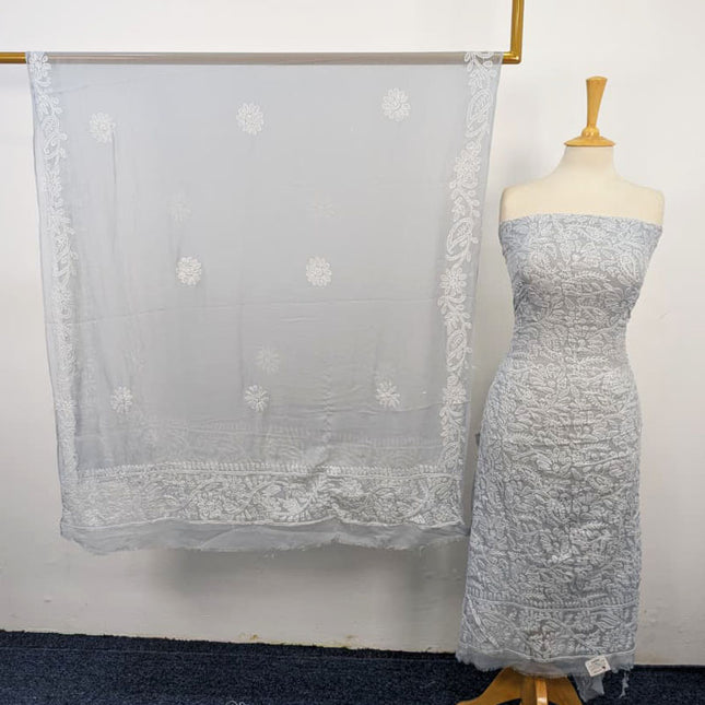Fancy Handmade Full Jaal Chikankari Work Crinkle Chiffon Shirt Dupatta 2Pc Unstitched
