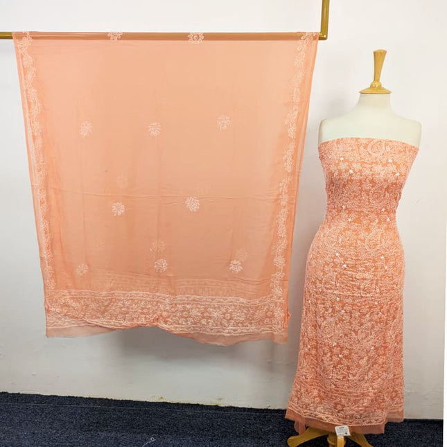 Fancy Handmade Full Jaal Chikankari Work Crinkle Chiffon Shirt Dupatta 2Pc Unstitched