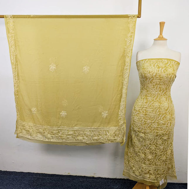 Fancy Handmade Full Jaal Chikankari Work Crinkle Chiffon Shirt Dupatta 2Pc Unstitched