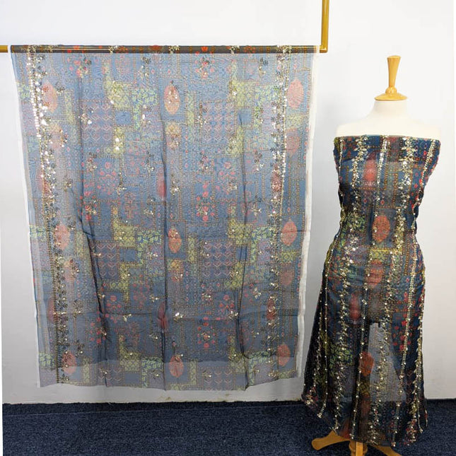 Printed Organza With Pearls Work 4PC Unstitched