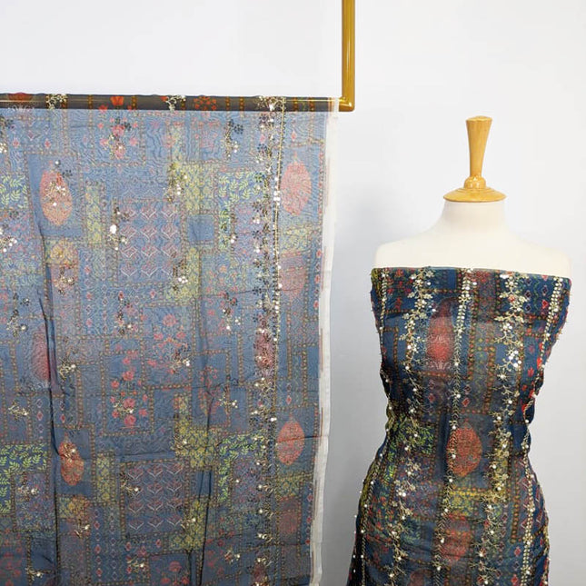 Printed Organza With Pearls Work 4PC Unstitched