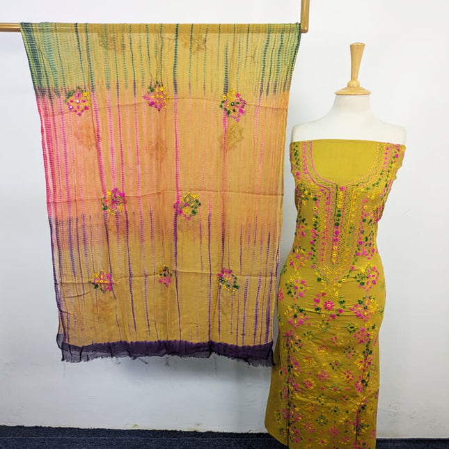 Balochi Tanka + Mirror Work Lawn with Tie & Dye Chiffon Dupatta 3Pc Unstitched