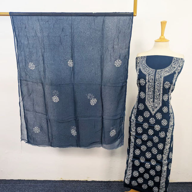 Handmade Pakka Tanka Work Lawn Shirt & Chiffon Dupatta 3Pc Unstitched