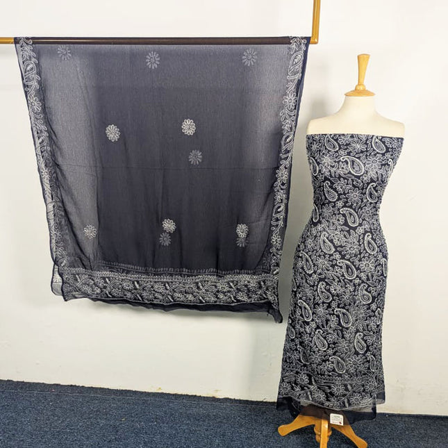 Handmade Full Jaal Chikankari Work Crinkle Chiffon Shirt Dupatta 2Pc Unstitched