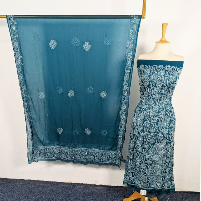 Handmade Full Jaal Chikankari Work Crinkle Chiffon Shirt Dupatta 2Pc Unstitched
