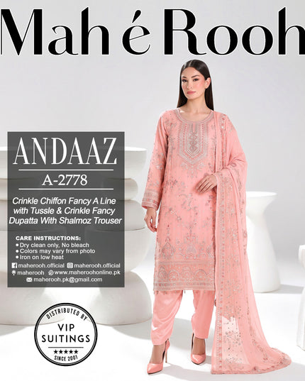 Embroidered Crinkle Chiffon with Fancy Crinkle Dupatta 3Pc - Mah e Rooh (Andaaz)