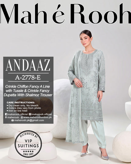 Embroidered Crinkle Chiffon with Fancy Crinkle Dupatta 3Pc - Mah e Rooh (Andaaz)