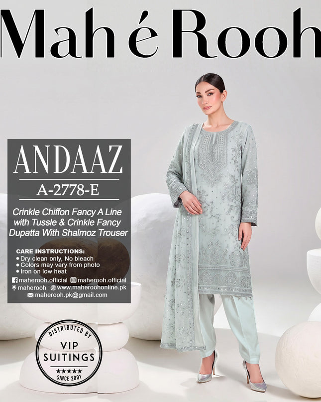 Embroidered Crinkle Chiffon with Fancy Crinkle Dupatta 3Pc - Mah e Rooh (Andaaz)