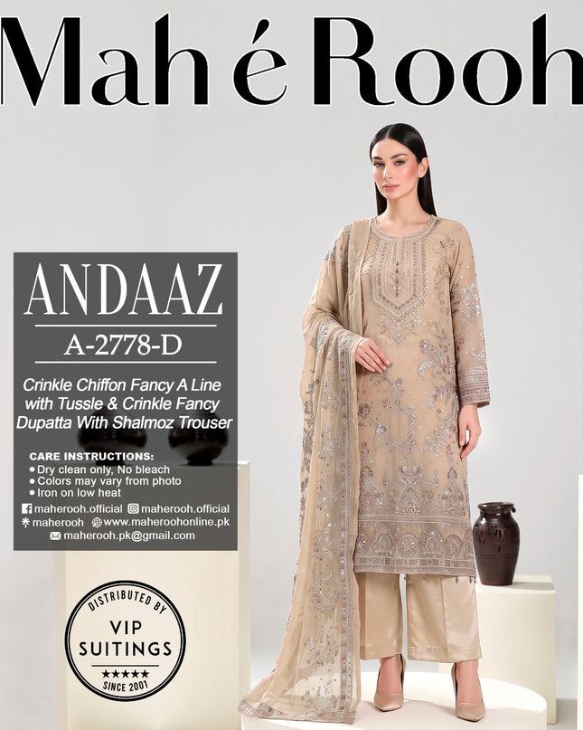 Embroidered Crinkle Chiffon with Fancy Crinkle Dupatta 3Pc - Mah e Rooh (Andaaz)