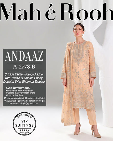 Embroidered Crinkle Chiffon with Fancy Crinkle Dupatta 3Pc - Mah e Rooh (Andaaz)