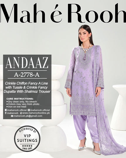 Embroidered Crinkle Chiffon with Fancy Crinkle Dupatta 3Pc - Mah e Rooh (Andaaz)
