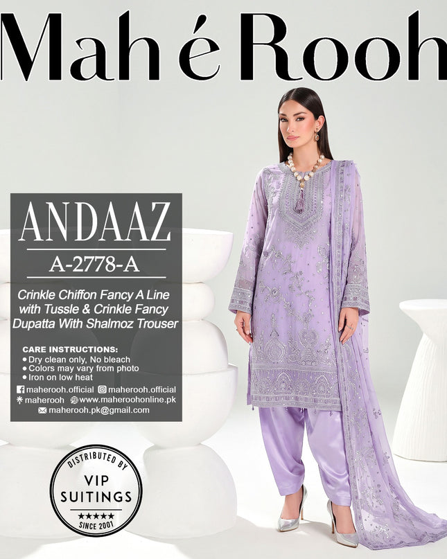Embroidered Crinkle Chiffon with Fancy Crinkle Dupatta 3Pc - Mah e Rooh (Andaaz)