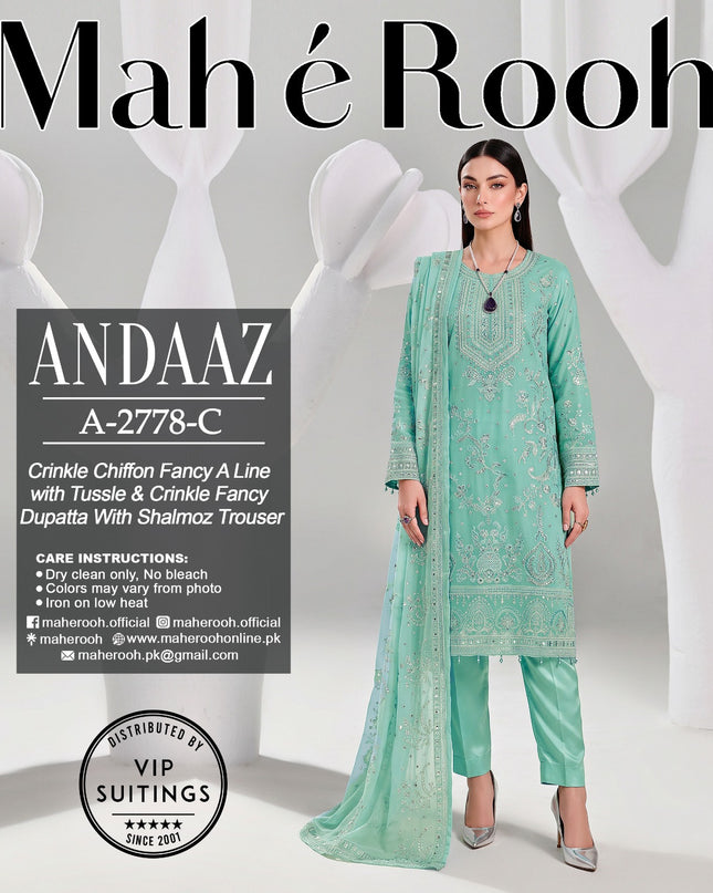 Embroidered Crinkle Chiffon with Fancy Crinkle Dupatta 3Pc - Mah e Rooh (Andaaz)