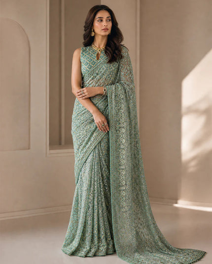 Embroidered Tulle Stitched Saree with Embroidered Blouse & Petticoat - AIK Atelier