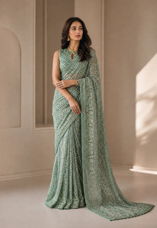 Embroidered Tulle Stitched Saree with Embroidered Blouse & Petticoat - AIK Atelier