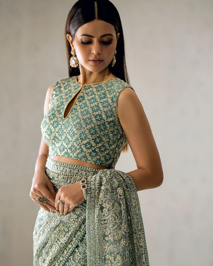 Embroidered Tulle Stitched Saree with Embroidered Blouse & Petticoat - AIK Atelier