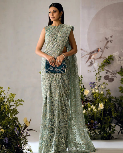 Embroidered Tulle Stitched Saree with Embroidered Blouse & Petticoat - AIK Atelier