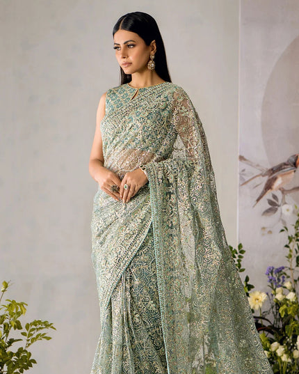 Embroidered Tulle Stitched Saree with Embroidered Blouse & Petticoat - AIK Atelier