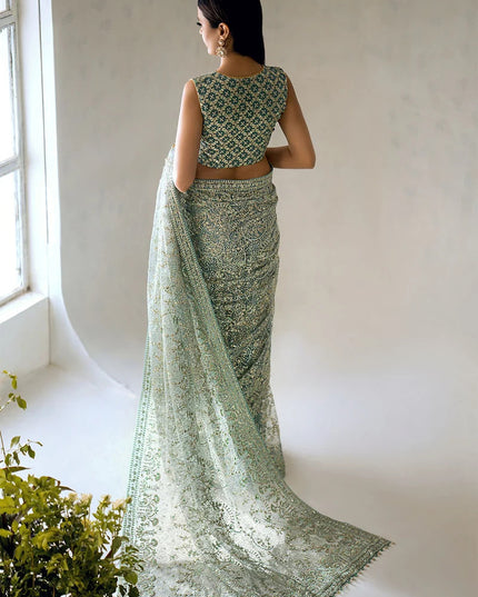 Embroidered Tulle Stitched Saree with Embroidered Blouse & Petticoat - AIK Atelier