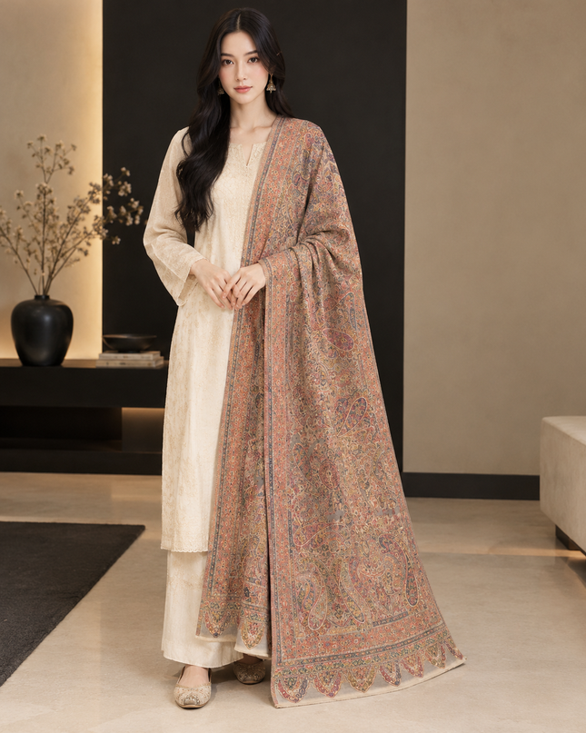Pure Indian Moonlight Kani Silk Shawl - Floral Kalamkari