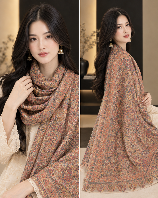 Pure Indian Moonlight Kani Silk Shawl - Floral Kalamkari