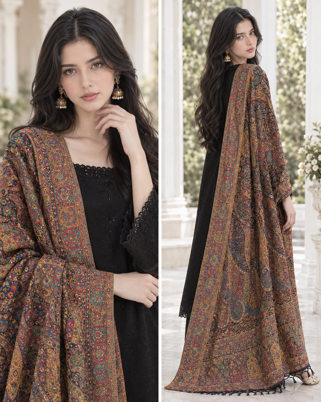 Luxury Pure Indian Moonlight Kani Silk Shawl - Mughal Arch Border