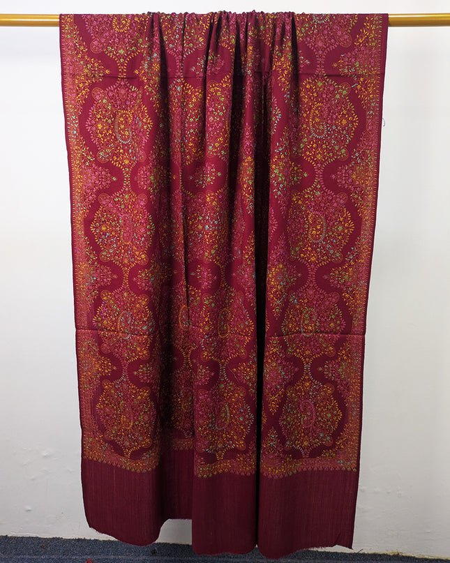 Handmade Multicolor Sui Embroidered Work Wool Shawl (Ready To Wear)