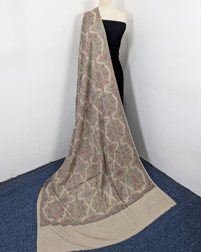 Handmade Multicolor Sui Embroidered Work Wool Shawl (Ready To Wear)