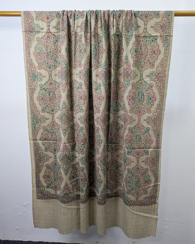 Handmade Multicolor Sui Embroidered Work Wool Shawl (Ready To Wear)