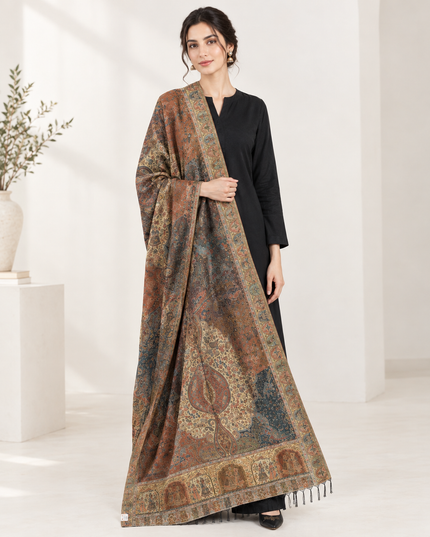 Luxury Pure Indian Moonlight Kani Silk Shawl - Mughal Shikaargah