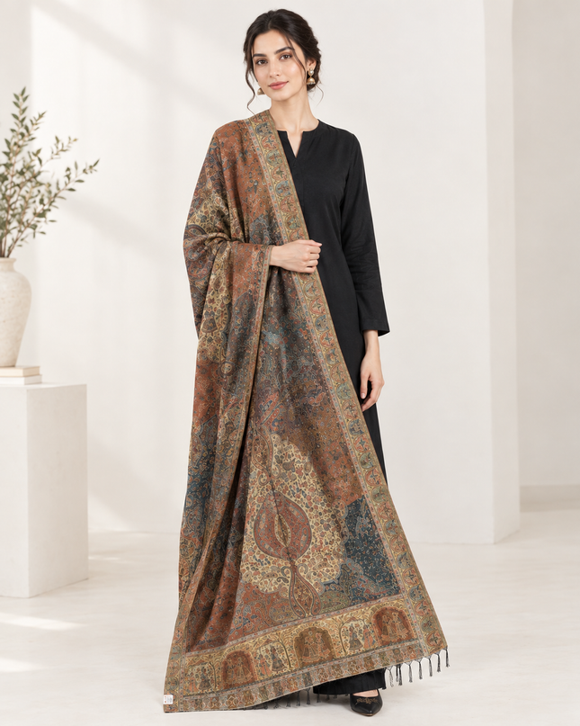 Luxury Pure Indian Moonlight Kani Silk Shawl - Mughal Shikaargah