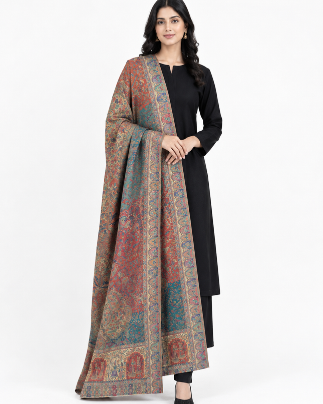 Luxury Pure Indian Moonlight Kani Silk Shawl - Mughal Shikaargah
