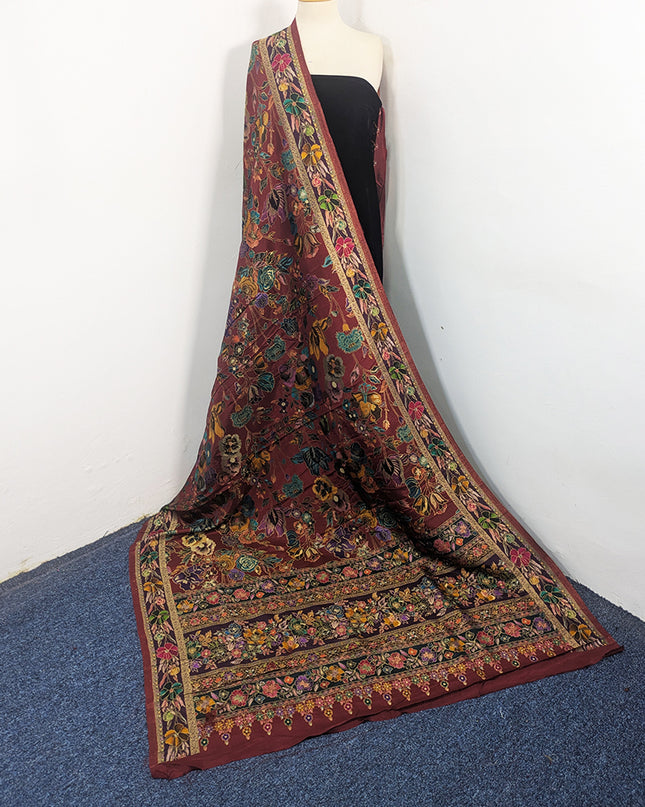 Fancy Pure Indian Dola Kani Silk Shawl - Maroon MeenaKari Jaal
