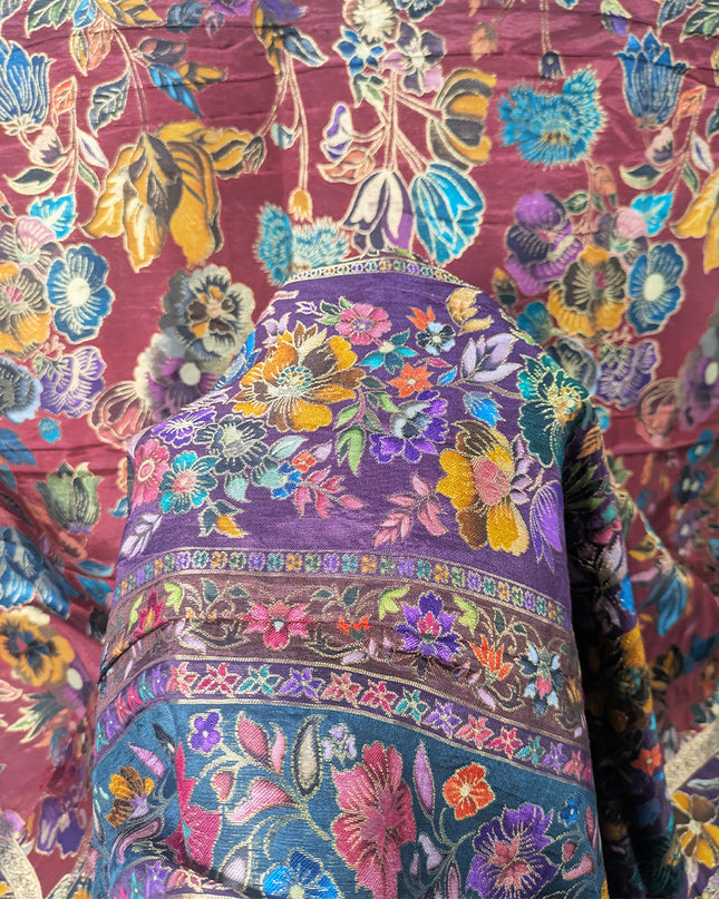 Fancy Pure Indian Dola Kani Silk Shawl - Maroon MeenaKari Jaal