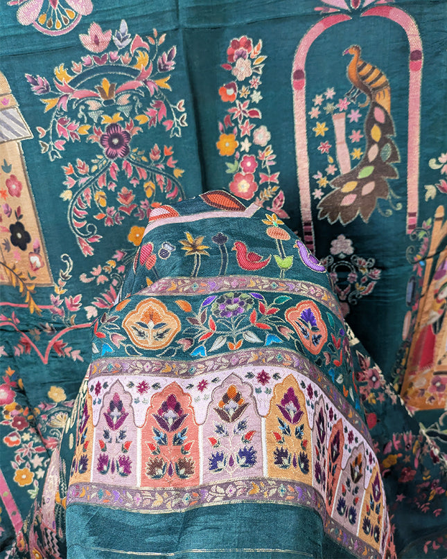 Exclusive Pure Indian Dola Kani Silk Shawl - Mughal Bagh