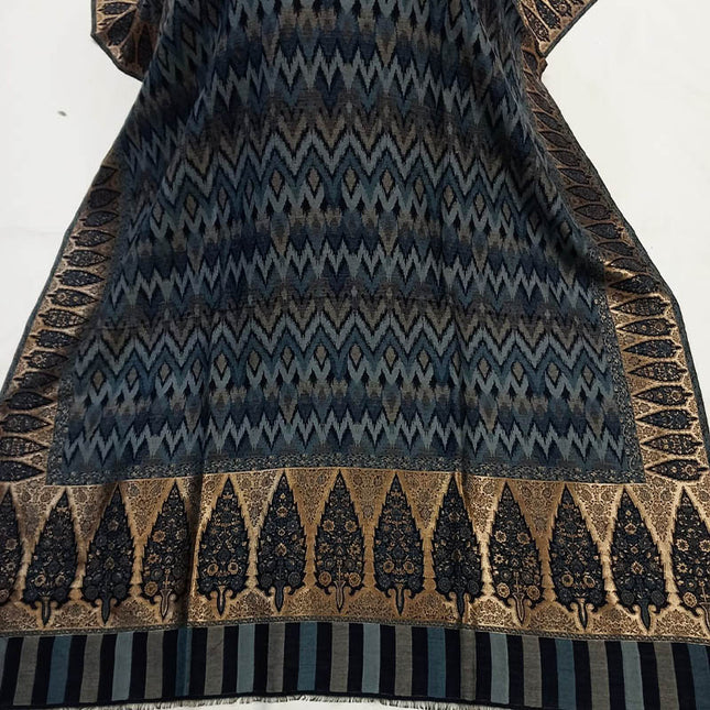 Premium Pashmina Ikkat Shawl with Kani Zari Border Work