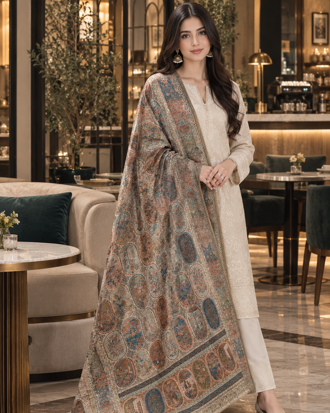 Exclusive Pure Indian Kani Silk Shawl - Cages Style