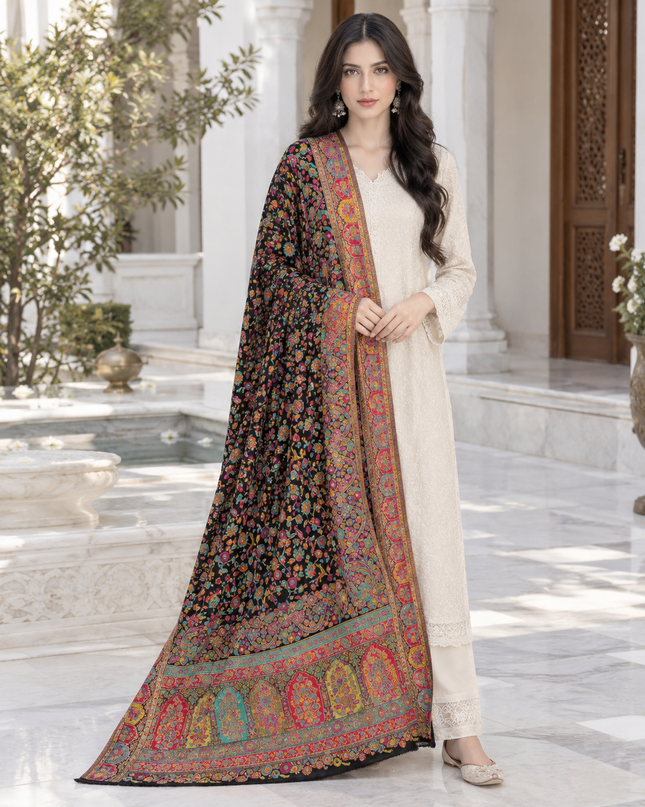 Exquisite Pure Indian Kani Silk Shawl - Jamawar Meenakari