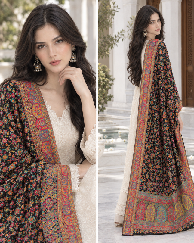 Exquisite Pure Indian Kani Silk Shawl - Jamawar Meenakari