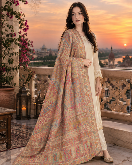 Exquisite Pure Indian Moonlight Kani Silk Shawl - CharBagh Style