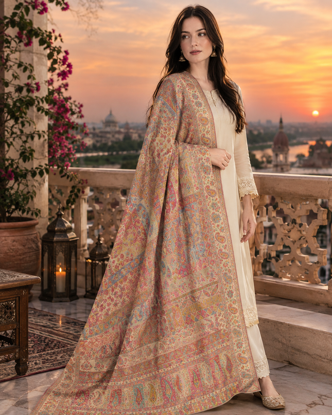 Exquisite Pure Indian Moonlight Kani Silk Shawl - CharBagh Style