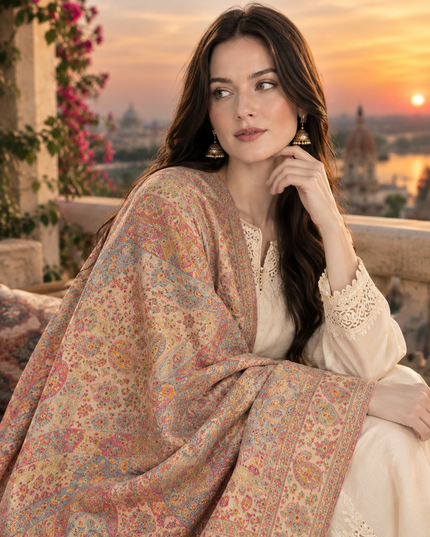 Exquisite Pure Indian Moonlight Kani Silk Shawl - CharBagh Style