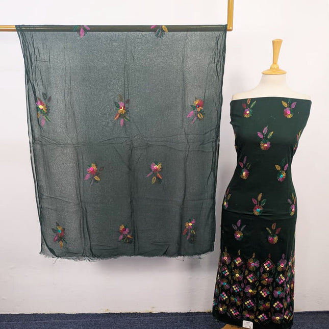 Balochi Kacha Tanka with Gobi + Mirror Work Lawn & Chiffon Dupatta 3Pc