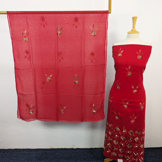 Balochi Kacha Tanka with Gobi + Mirror Work Lawn & Chiffon Dupatta 3Pc