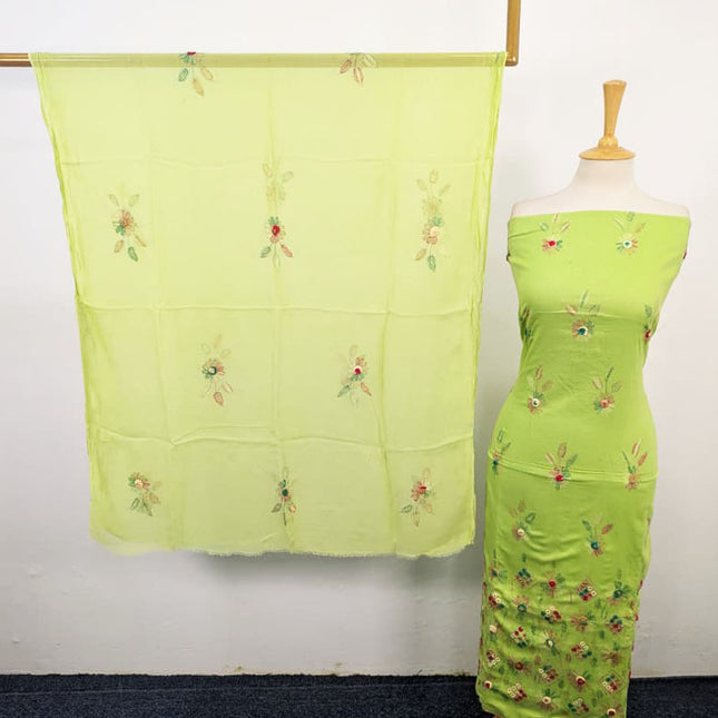 Balochi Kacha Tanka with Gobi + Mirror Work Lawn & Chiffon Dupatta 3Pc