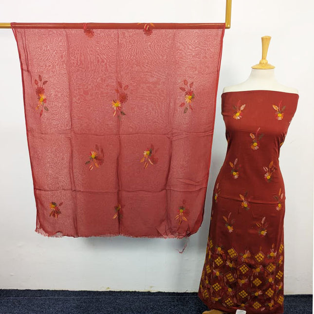 Balochi Kacha Tanka with Gobi + Mirror Work Lawn & Chiffon Dupatta 3Pc